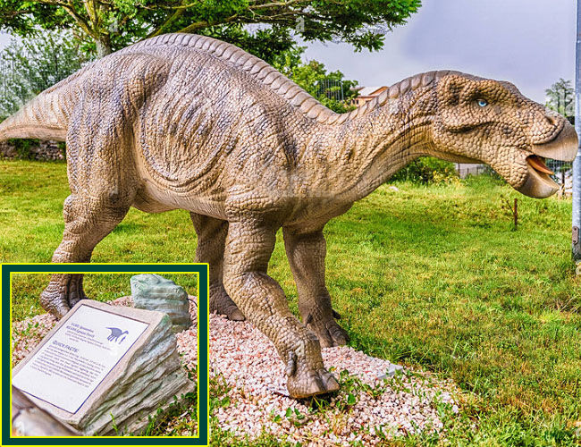 Rock Sign and Animatronic Iguanodon